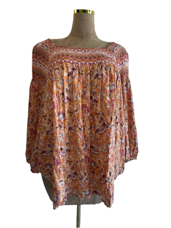 Cato Tops - Cato Orange Paisley Peasant Tunic, Boho floral, loose fit, Sz 26/28 or 4X